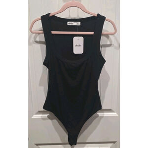 NWT Elodie Black Micro Ribbed Wide Tank Top Body Suit Size L Snap Closure